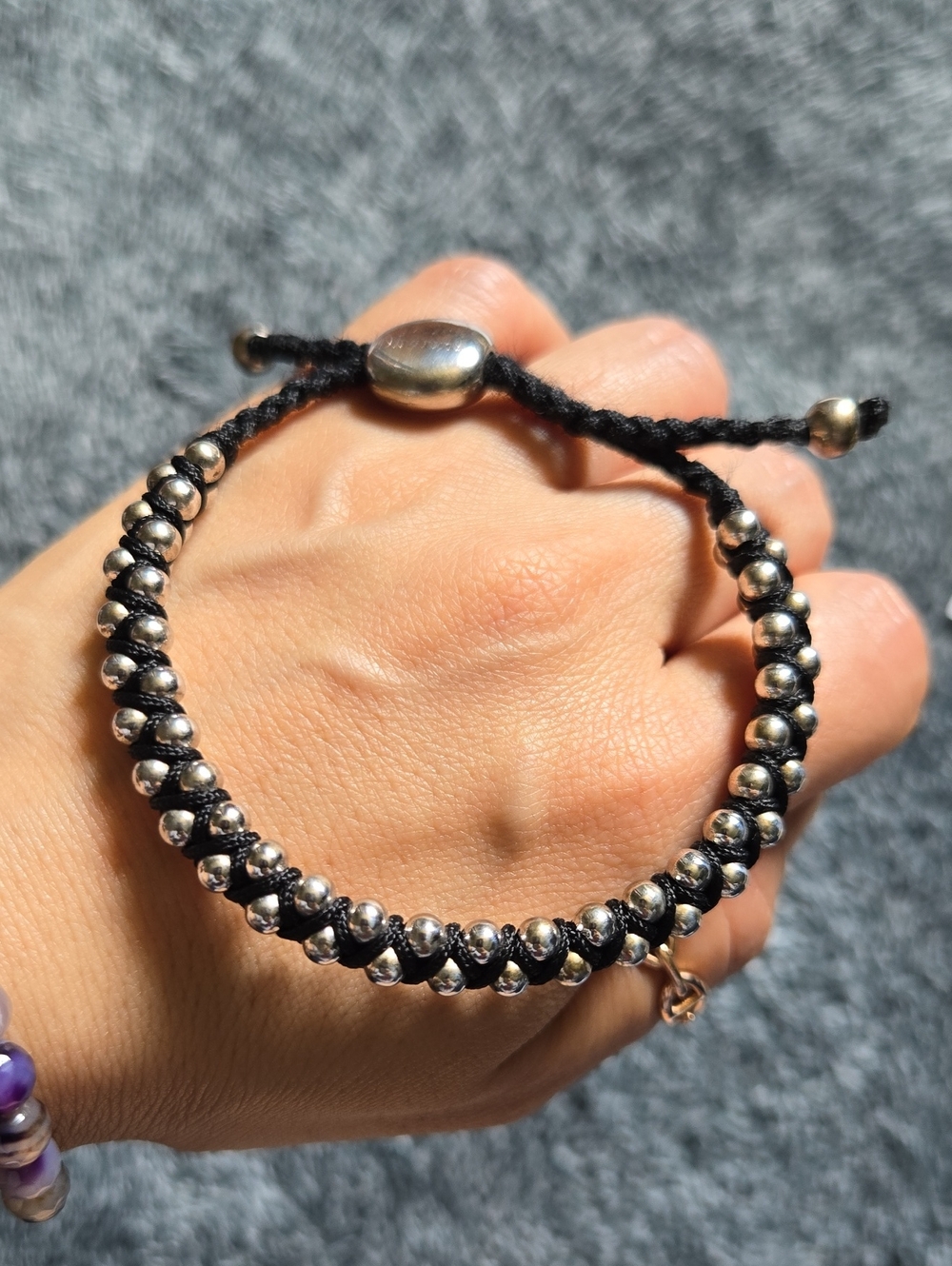Adjustable Black Macrame Bracelet with Silver Beads